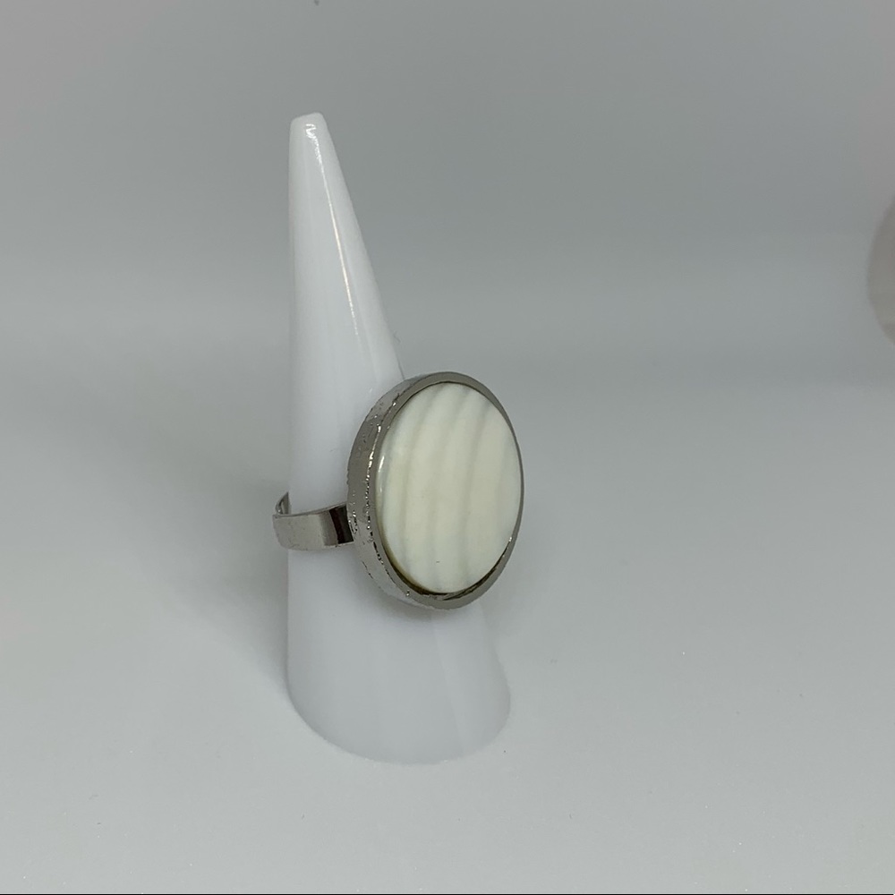 NEW Silver w Large White Flat Circle Stone Adjustable One Size Ring